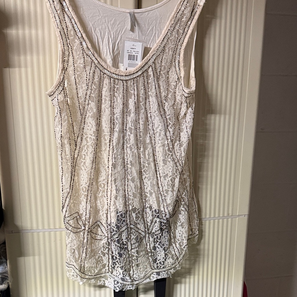 Vanity Cream Front Lace Sheer Tank with Beaded Trim